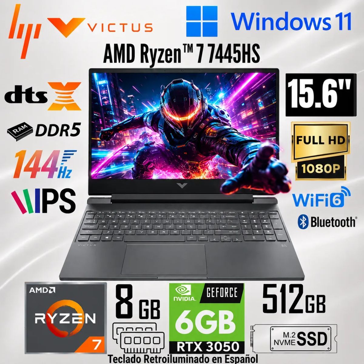 Laptop HP VICTUS GAMING 15-FB3019LA R7-7445HS,8GB RAM,512GB SSD,RTX3050-6GB, marca HP - Foto Principal
