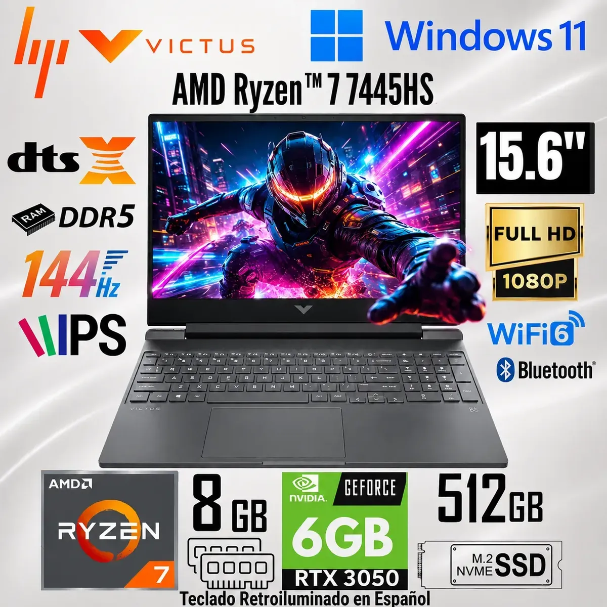 Laptop HP VICTUS GAMING 15-FB3019LA R7-7445HS,8GB RAM,512GB SSD,RTX3050-6GB, marca HP - Foto Principal