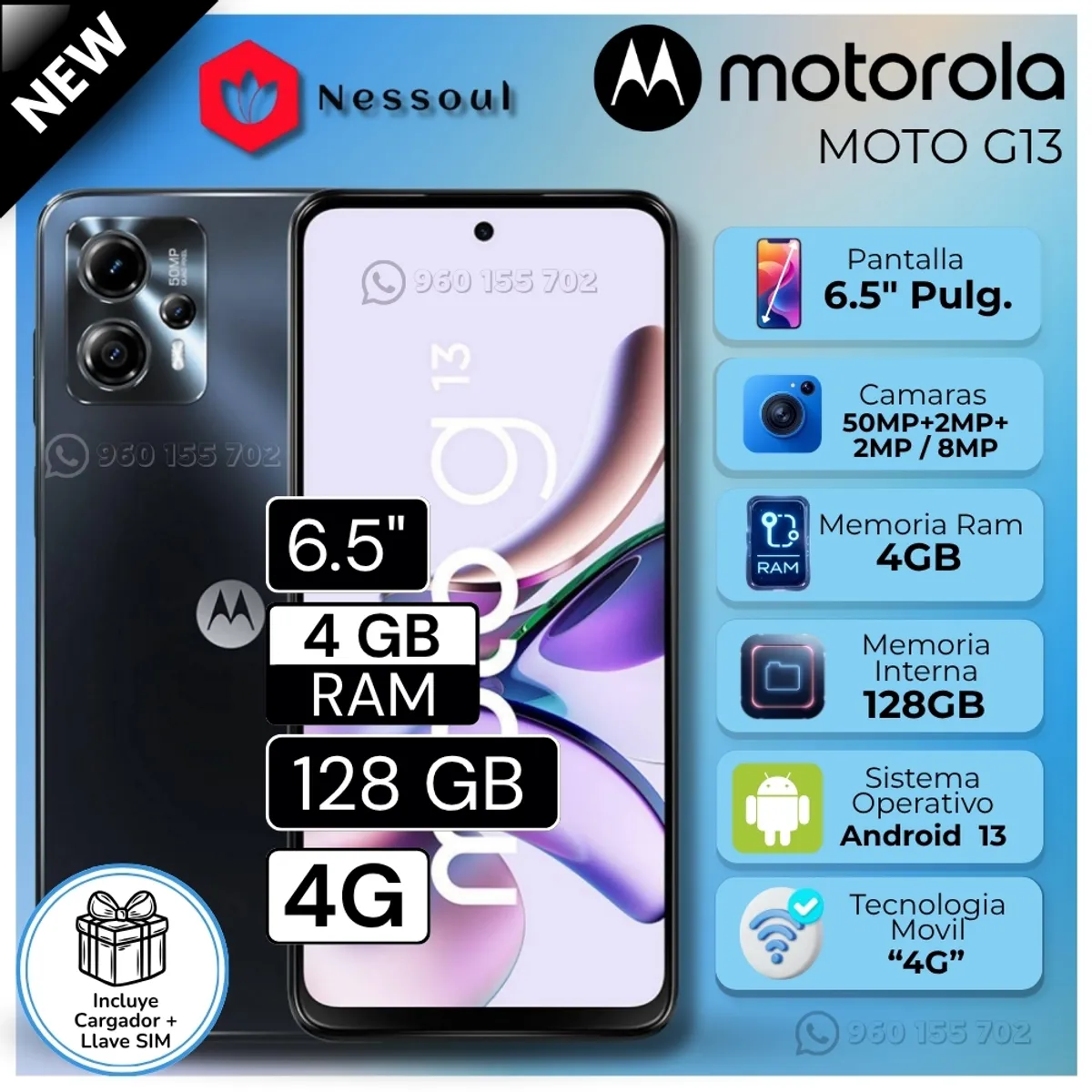 MOTOROLA - Celular Motorola Moto G13  6.5"  Pulg. 4GB RAM 128GB Android 13 - Negro