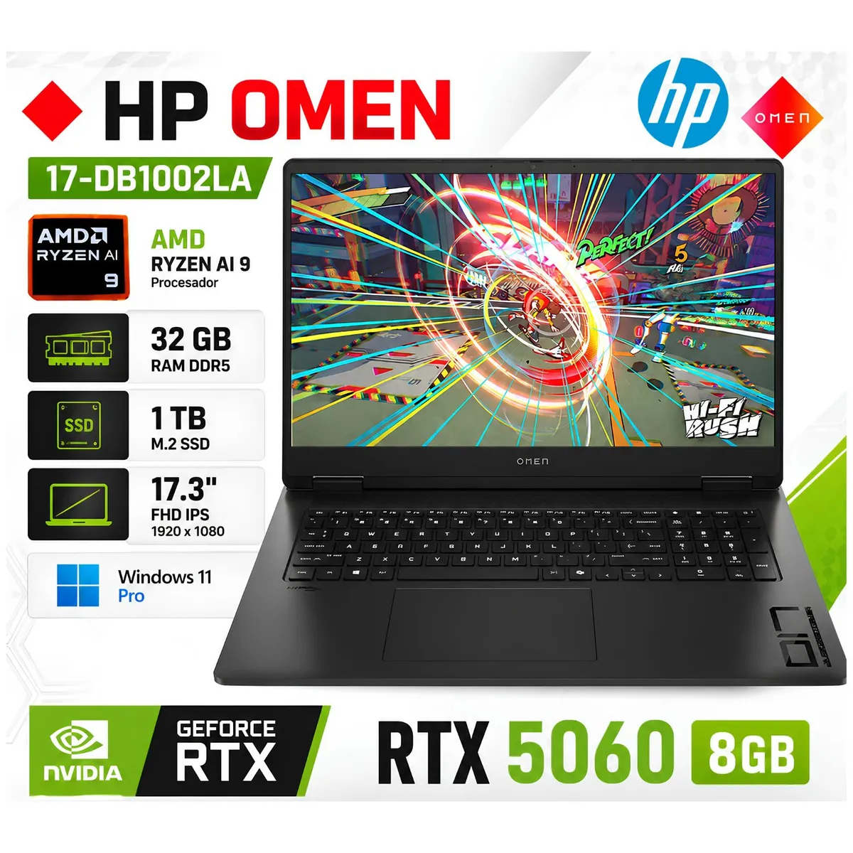 HP - Laptop Gaming HP 17-DB1002LA OMEN - AMD Ryzen™ AI 9 36 GeForce RTX™ 5060 32GB RAM 1TB SSD CW4G9LA