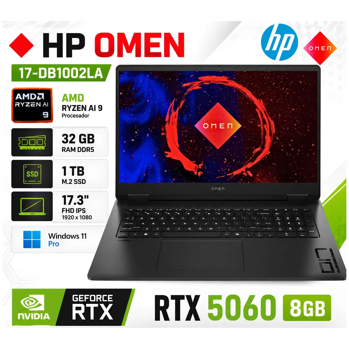 HP - Laptop HP OMEN 17-DB1002LA AMD Ryzen™ AI 9 36 GeForce RTX™ 5060 32GB RAM 1TB SSD CW4G9LA