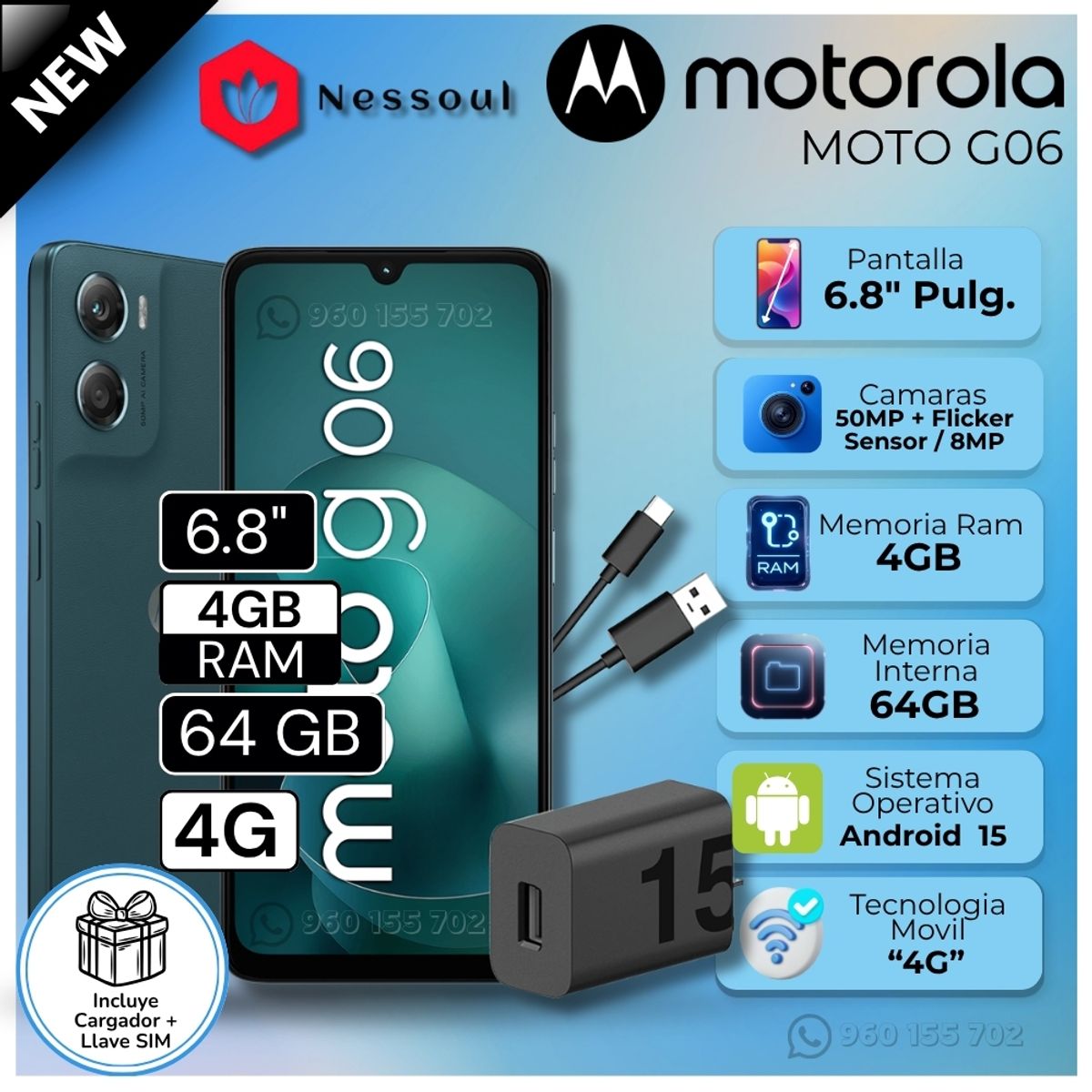 MOTOROLA - Celular Motorola G06 6.8"  Pulg. 4GB RAM 64GB Android 15 - Azul