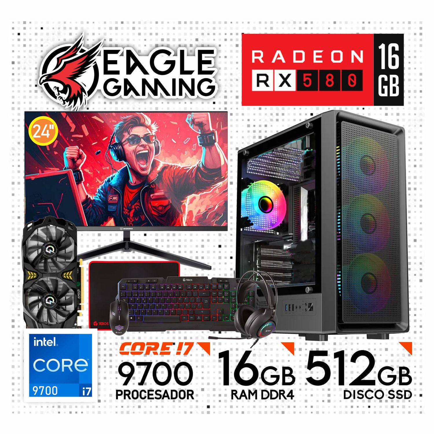 PC GAMER INTEL CORE I7 9700 + RX 580 16GB + 16GB RAM + SSD 512GB +