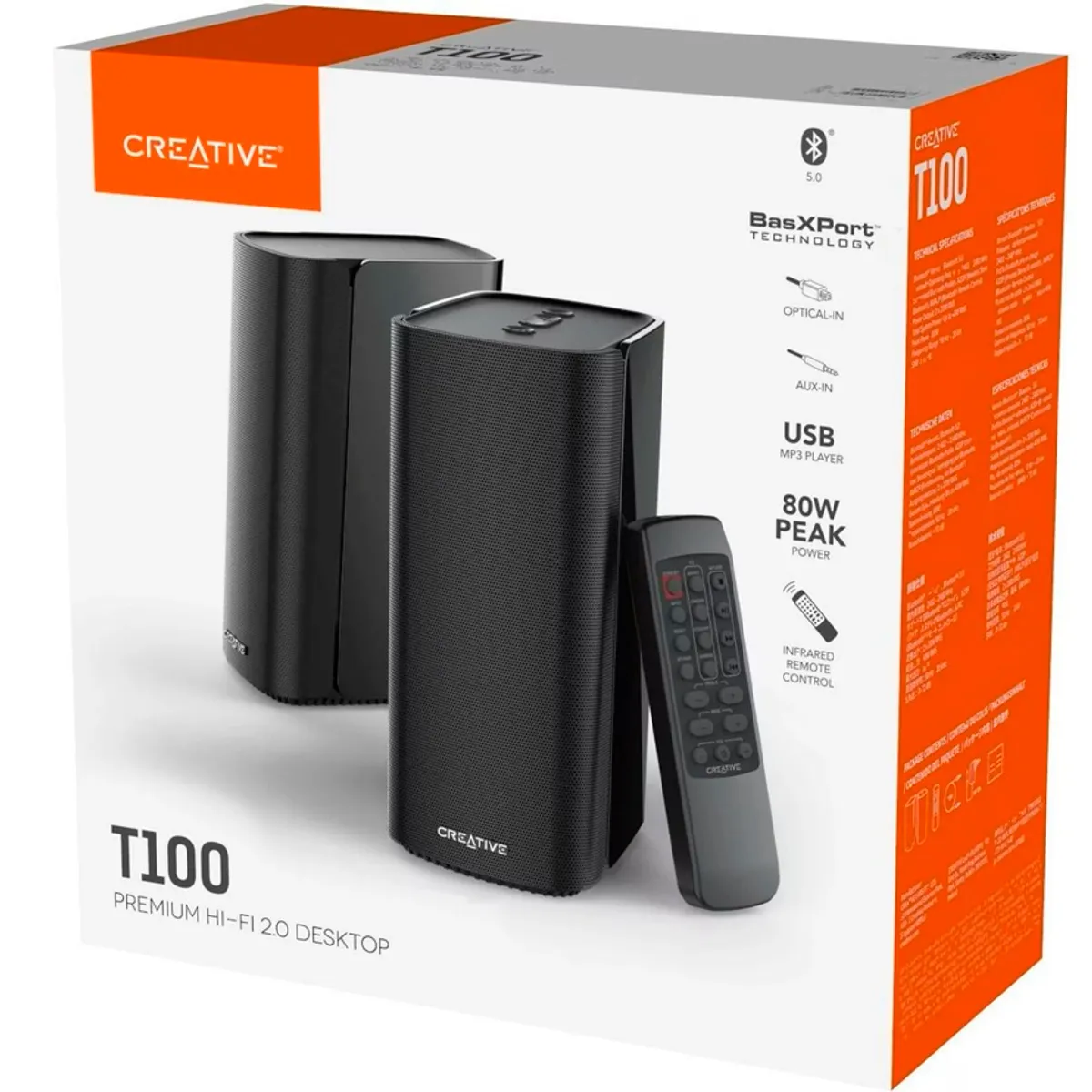 Parlante Creative T100 Premium Hi-Fi 2.0 Escritorio 40W RMS Bluetooth 5.0 Óptico USB FLAC BasXPort, marca CREATIVE - Foto Principal