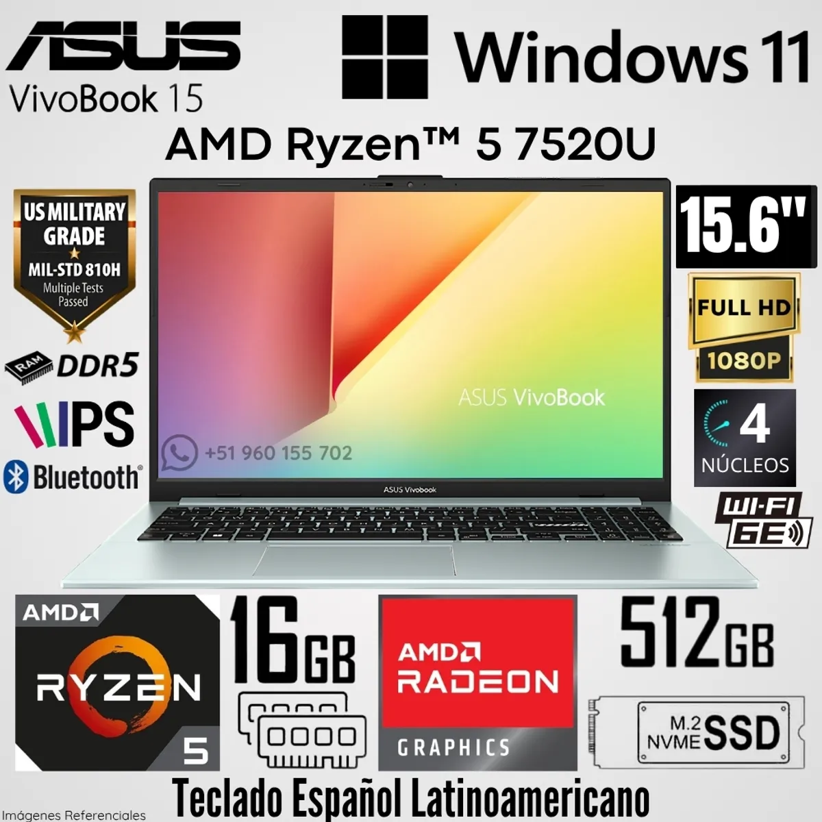 ASUS - Laptop Asus Vivobook 15 E1504FA-BQ547 AMD Ryzen 5 7520U 16GB RAM 512GB SSD 15.6"  FHD - Green Grey