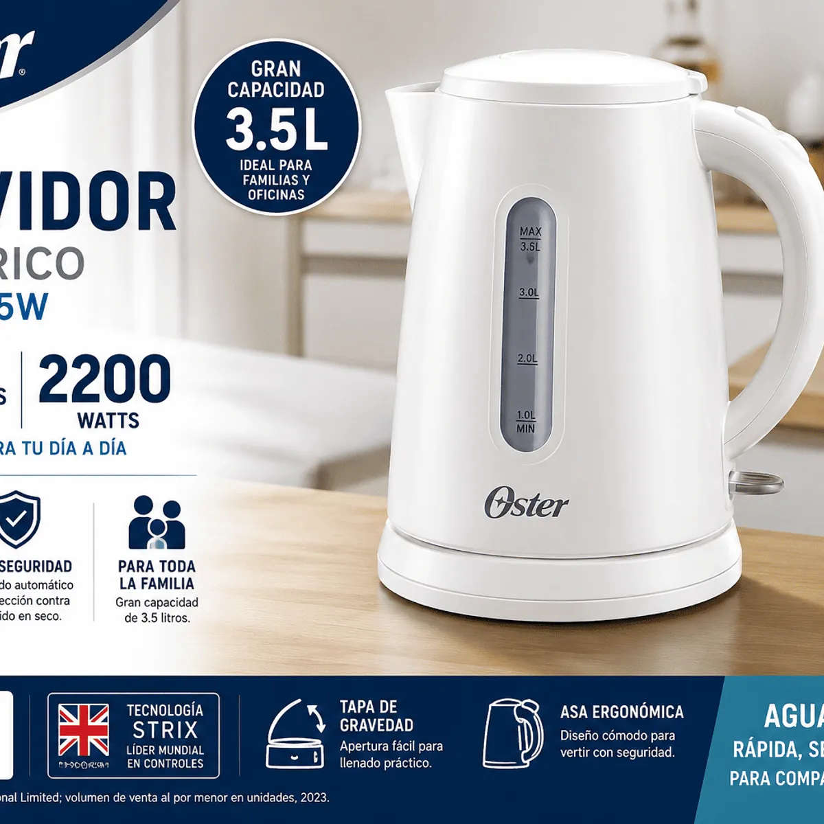OSTER - Hervidor Eléctrico Oster BVSTKT35W 3.5 Litros 2200W con Apagado Automático y Base 360°