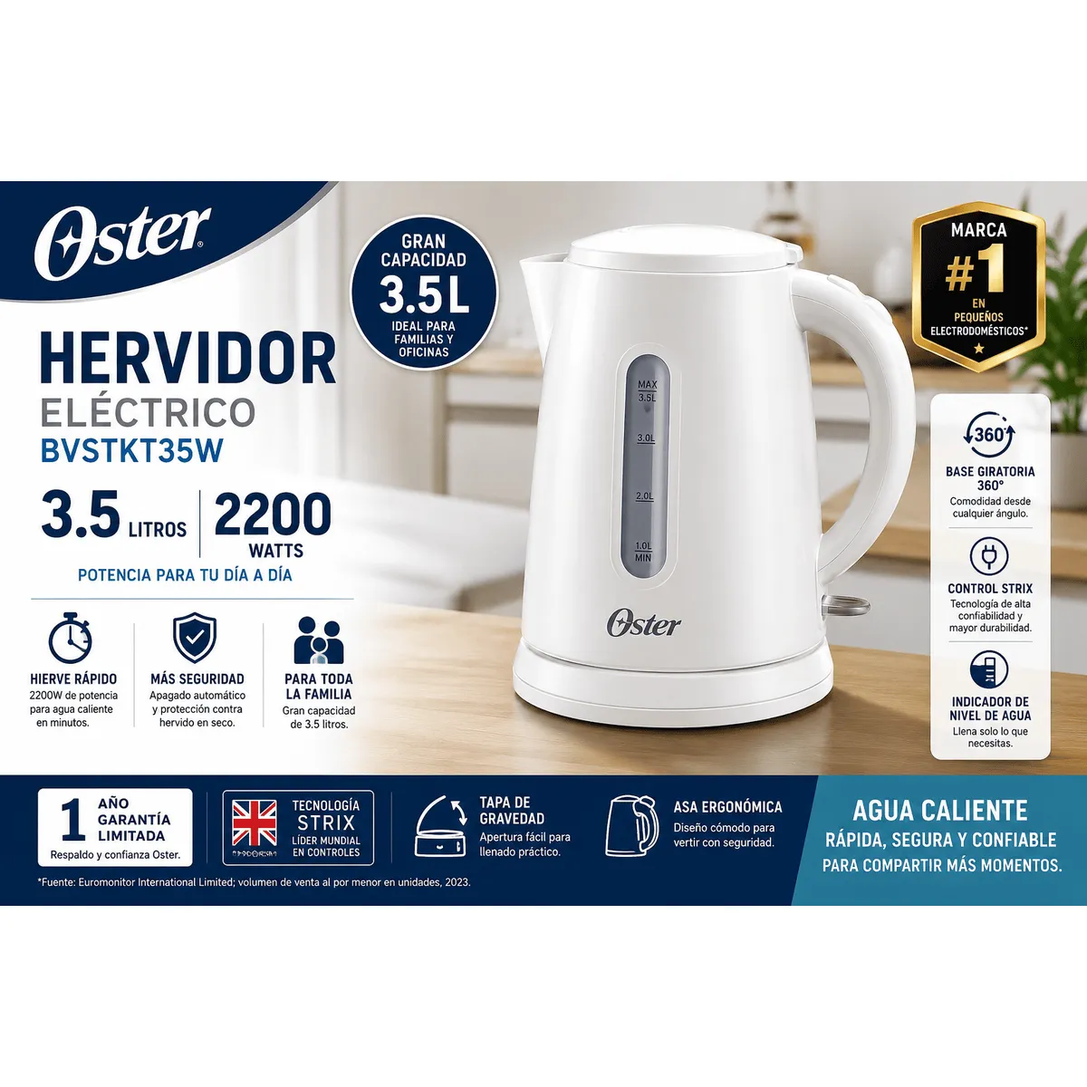 OSTER - Hervidor Eléctrico Oster BVSTKT35W 3.5 Litros 2200W con Apagado Automático y Base 360°