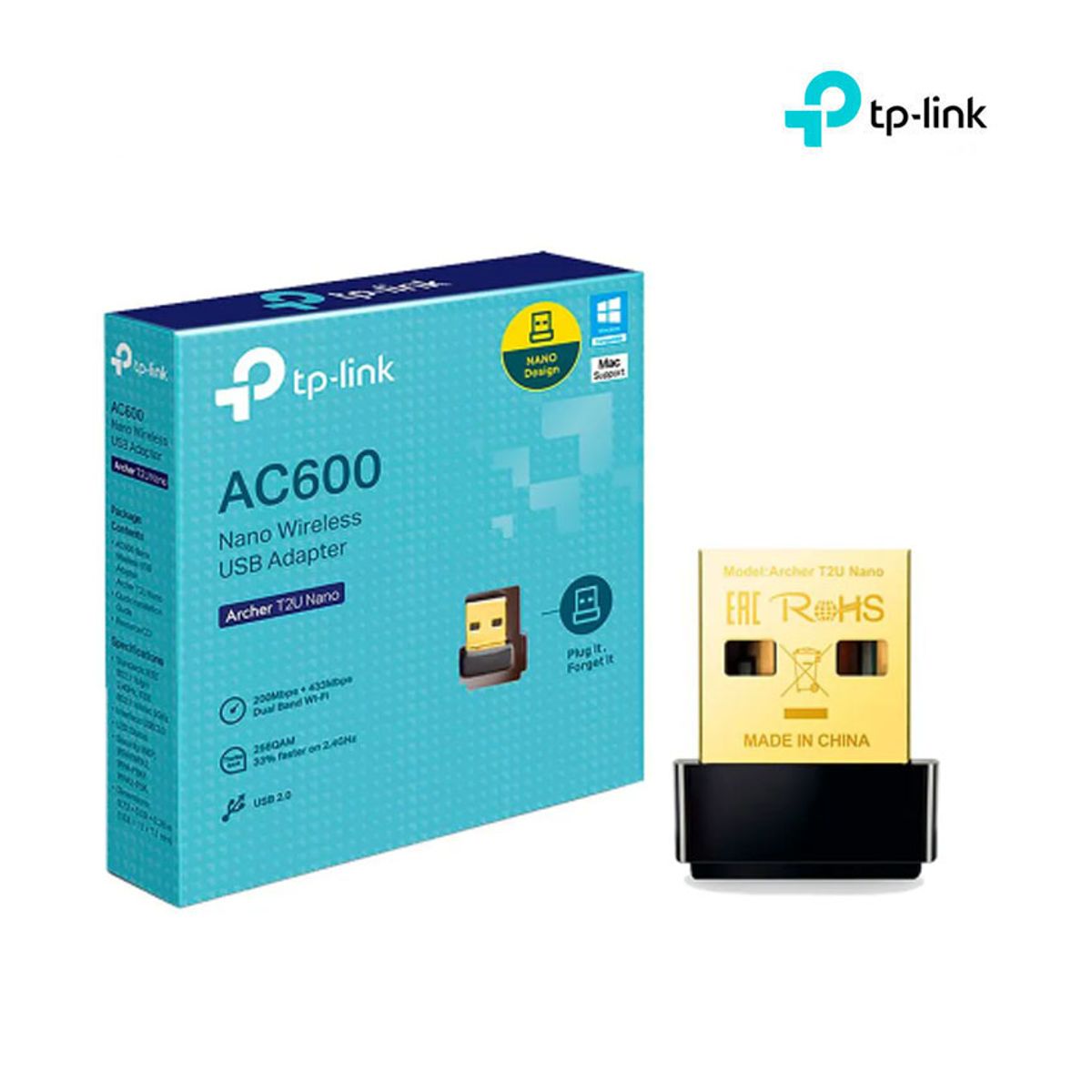 TP LINK - Adaptador WiFi USB TP-Link AC600 (Archer T2U Nano) 2.4G/ 5G para PC, Windows, Mac