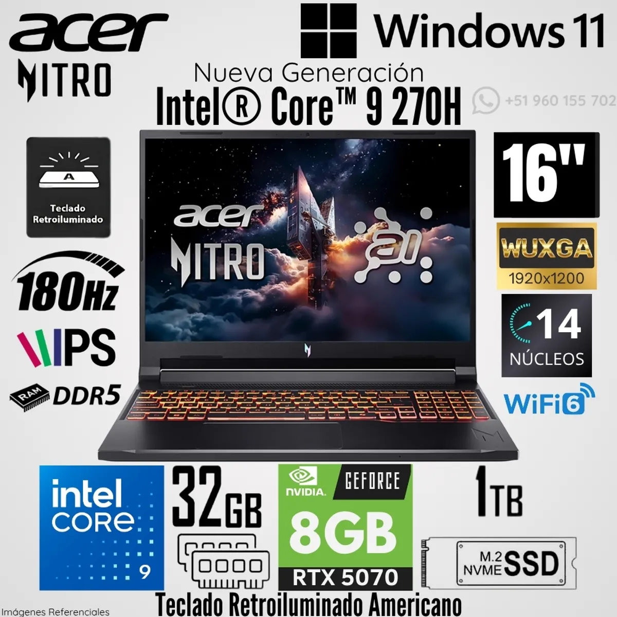 ACER - Laptop Acer Nitro V16 ANV16-72-933F Intel Core 9 270H 32GB RAM 1TB SSD RTX 5070-8GB 16"  WUXGA 180 Hz