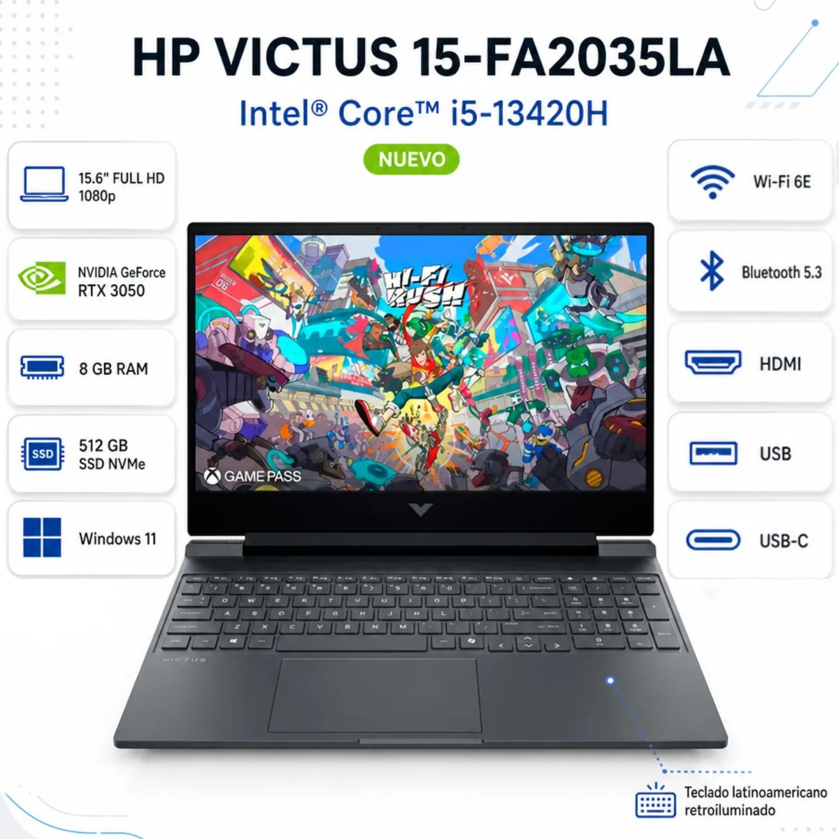 HP - Laptop Gamer HP VICTUS 15-FA2035LA 15.6" FHD Intel® Core™ i5-13420H 8GB RAM 512GB SSD GeForce RTX 3050 - D74JMLA