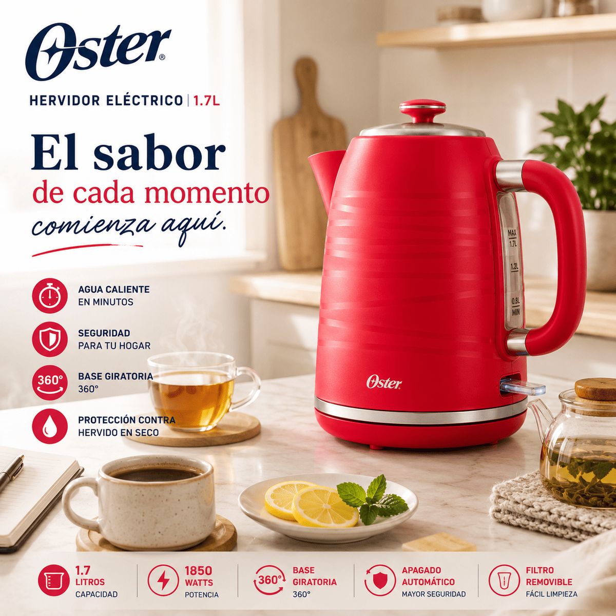 OSTER - Hervidor Eléctrico Oster BVSTKT4177M 1.7L 1850W con Base 360° y Apagado Automático
