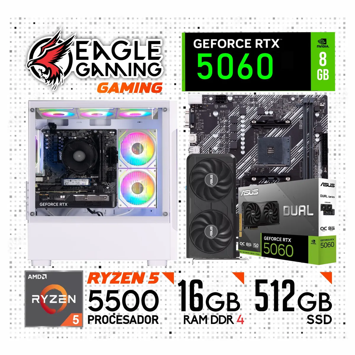 NVIDIA - Computadora PC Gamer AMD RYZEN 5 5500 + RTX 5060 8GB + RAM 16GB + SSD 512GB.