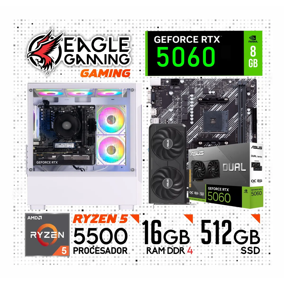 NVIDIA - Computadora PC Gamer AMD RYZEN 5 5500 + RTX 5060 8GB + RAM 16GB + SSD 512GB.