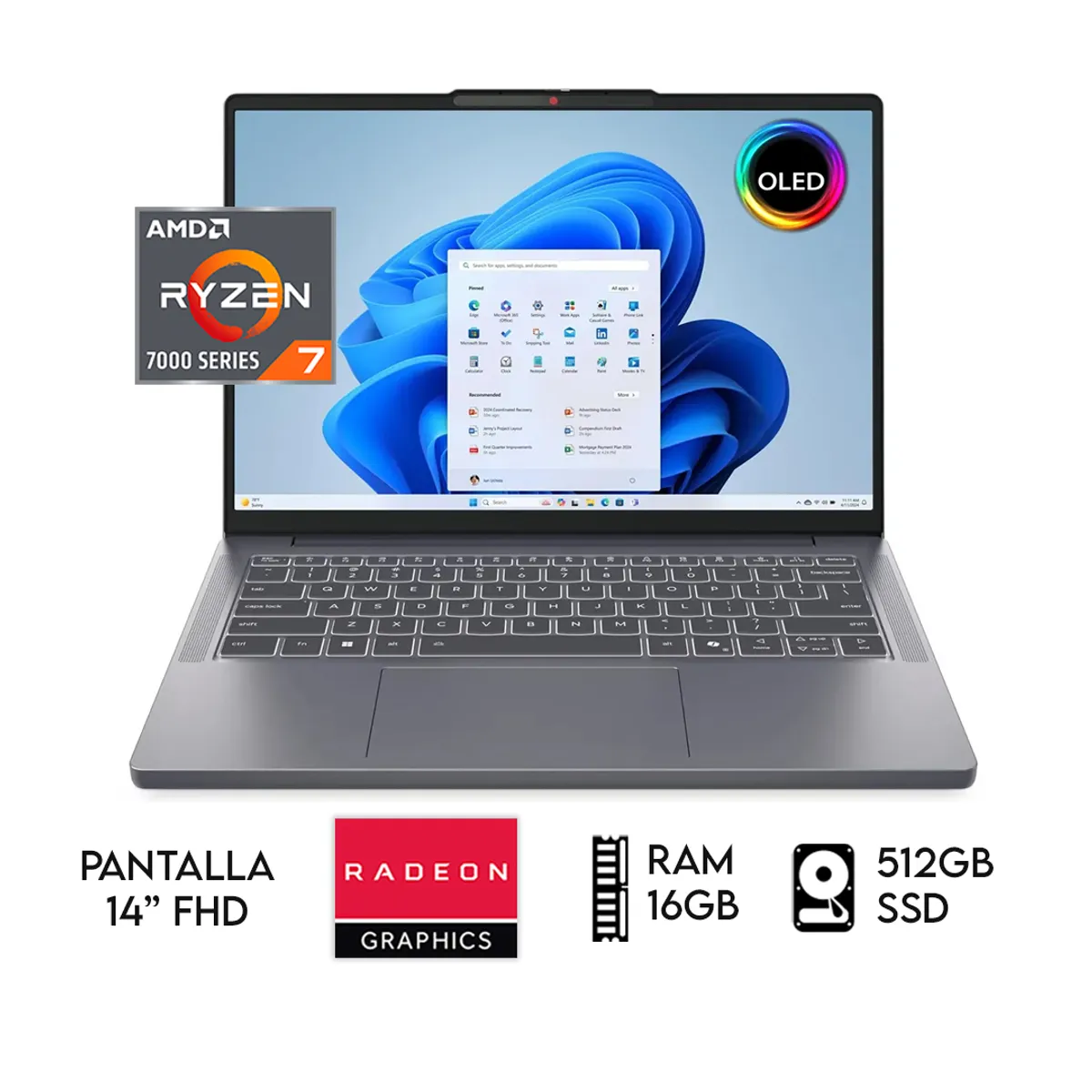 LAPTOP LENOVO IDEAPAD SLIM AMD RYZEN 7 7735HS RAM 16GB SSD 512GB 14″ OLED FHD GRIS., marca LENOVO - Foto Principal