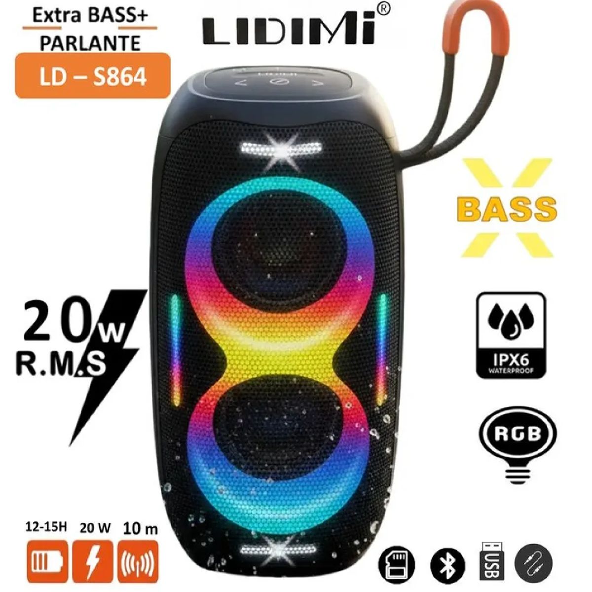 LIDIMI - Parlante Portátil Lidimi LD-S864 20W Bluetooth con Luces RGB