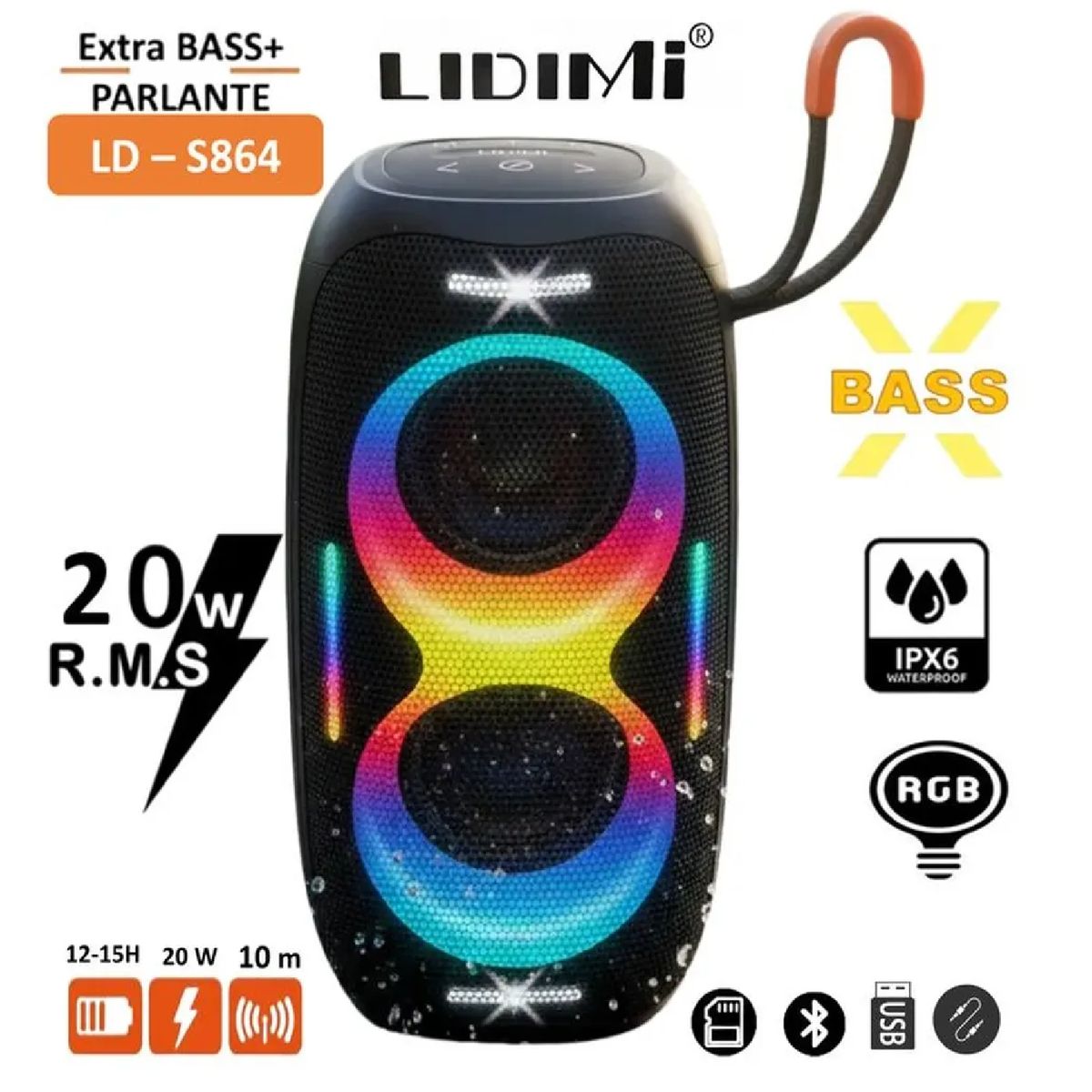 LIDIMI - Parlante Portátil Lidimi LD-S864 20W Bluetooth con Luces RGB