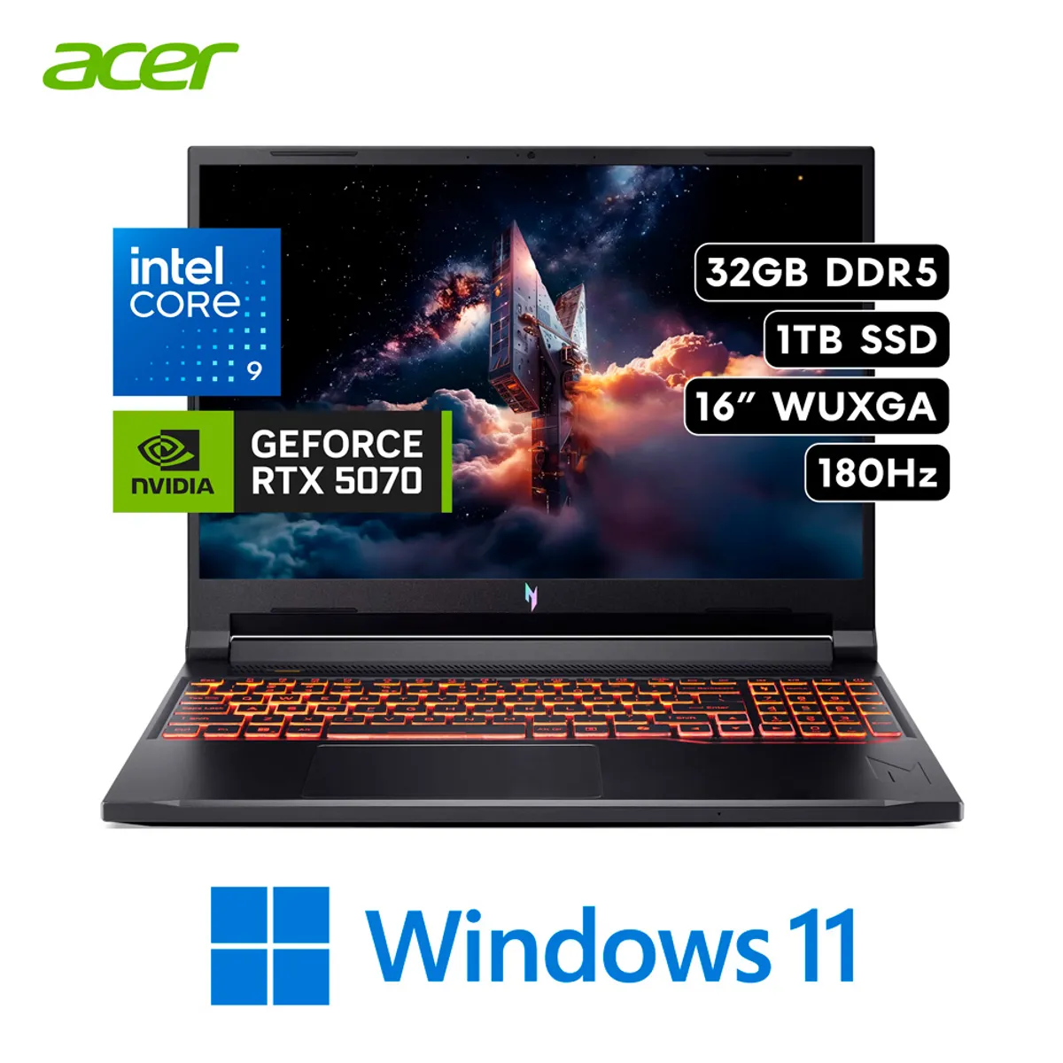 ACER - ACER NITRO V16 - INTEL CORE 9 270H RAM 32GB 1TB SSD RTX 5070 8GB 16″ WUXGA 180HZ W11.