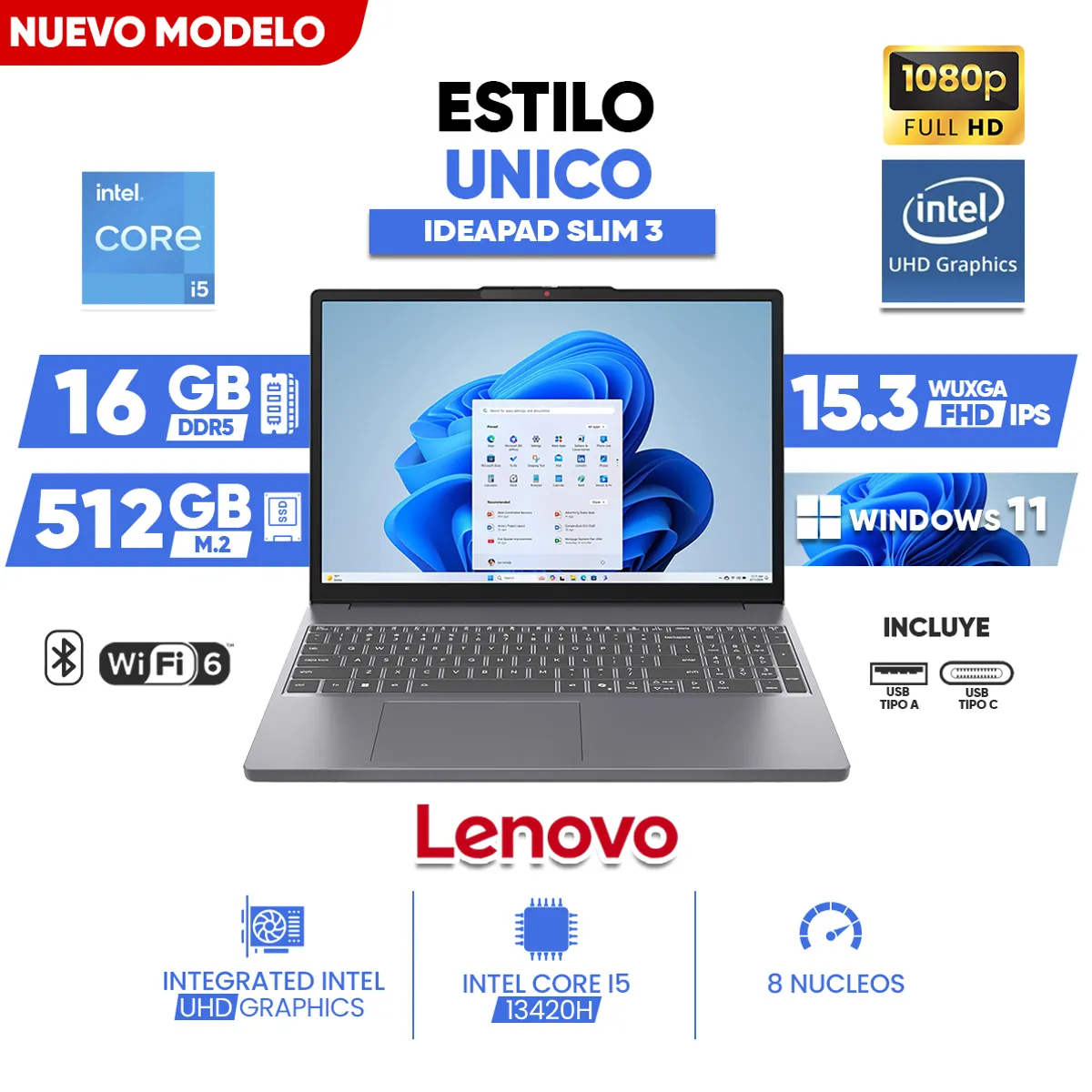 LENOVO - Laptop Lenovo IdeaPad Slim 3, INTEL CORE i5 13420H, 512 GB SSD M.2, 15.3 PULG WUXGA IPS, Windows 11
