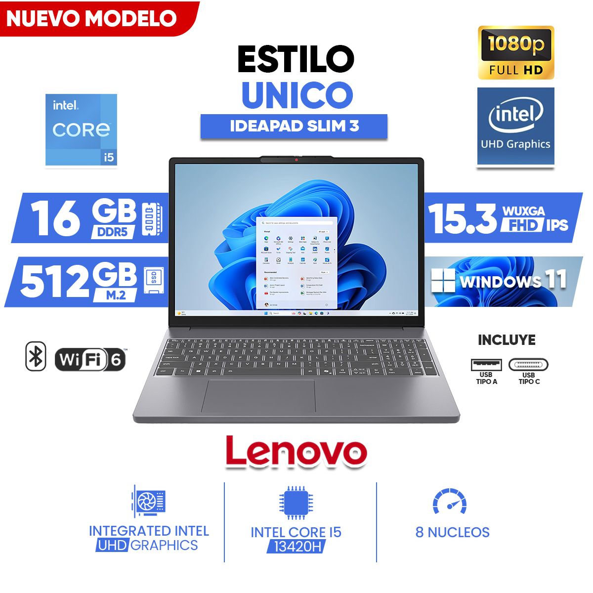LENOVO - Laptop Lenovo IdeaPad Slim 3, INTEL CORE i5 13420H, 512 GB SSD M.2, 15.3 PULG WUXGA IPS, Windows 11