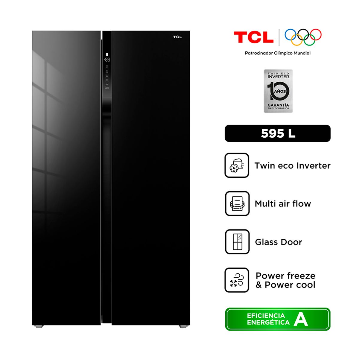 TCL - Refrigeradora TCL P650SBGB 595 L Side By Side black glass