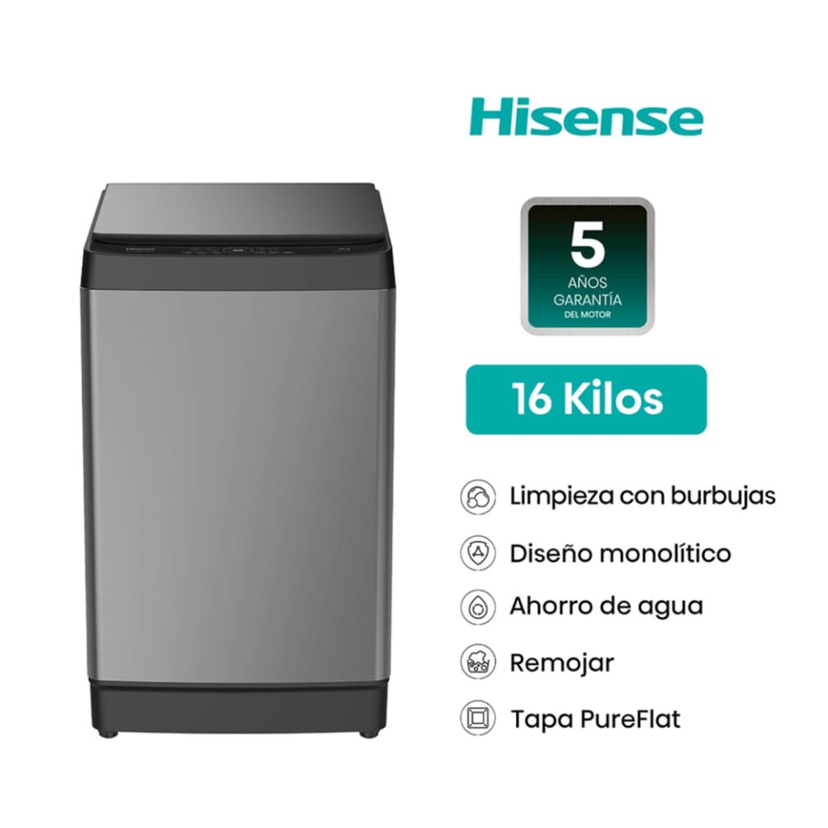 Hisense - Lavadora Automática Hisense WT3K1623UT 16 kg Carga Superior grafito