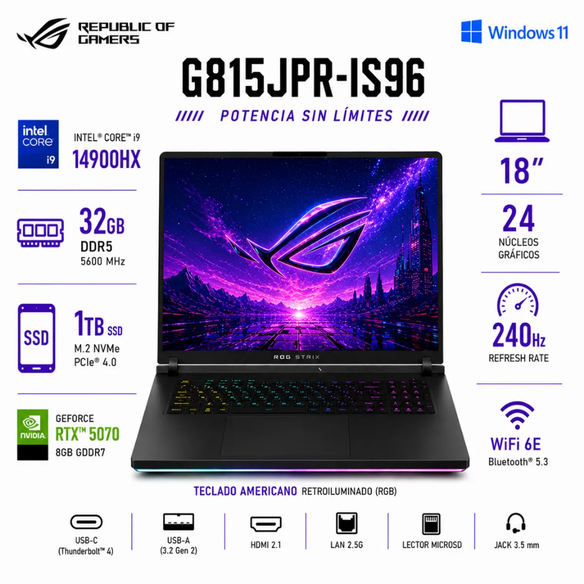 ASUS - Laptop ASUS ROG Strix G18 G815JPR-IS96 18″ WUXGA Core i9-14900HX 32GB RAM 1TB SSD RTX 5070 8GB RGB W11