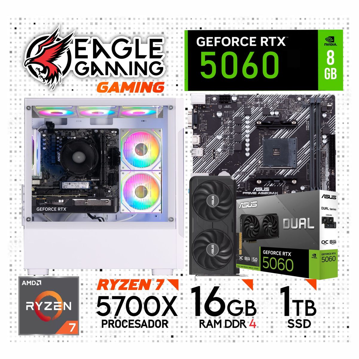NVIDIA - PC Gamer AMD Ryzen 7 5700X + RAM 16GB DDR4 + SSD 1TB Novem + NVIDIA GeForce RTX 5060 8GB.