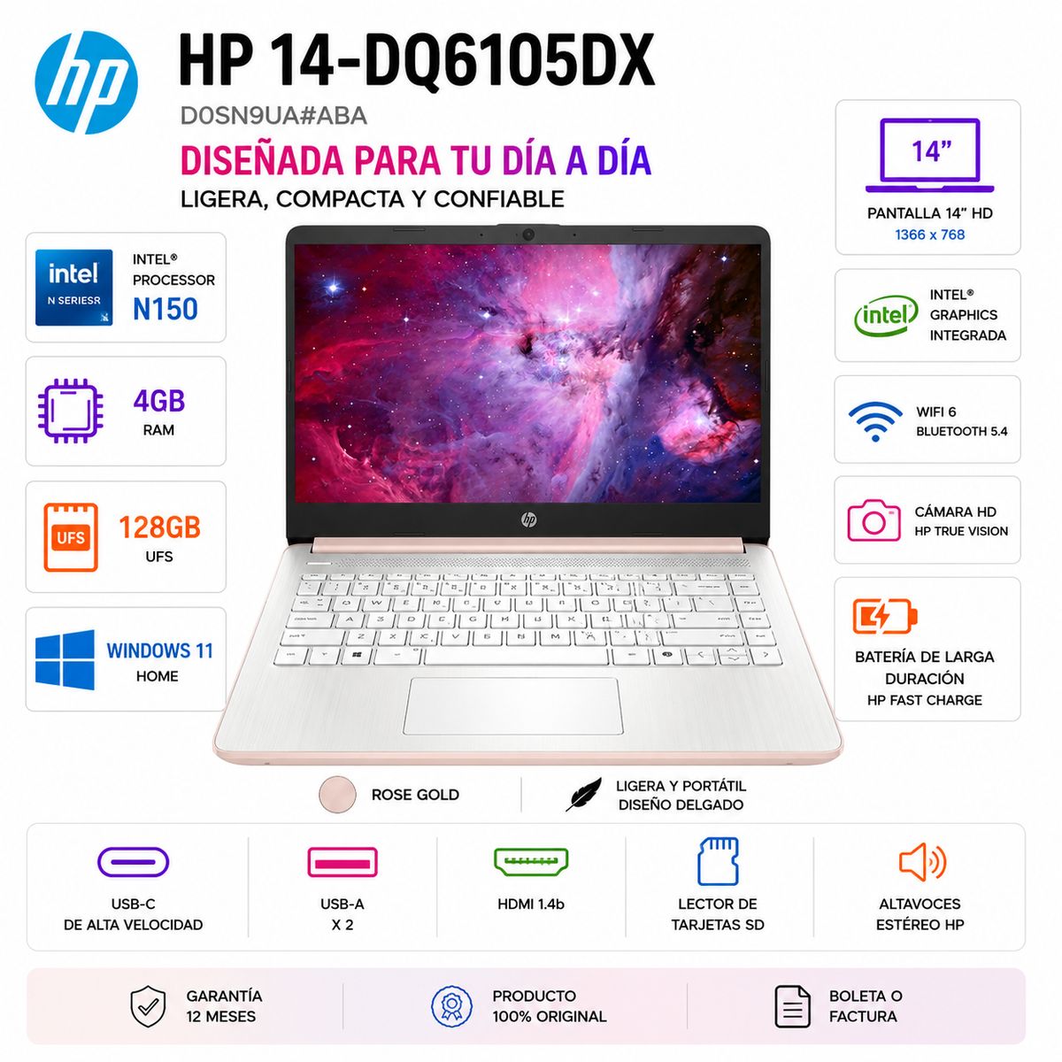 Laptop HP 14-DQ6105DX Intel N150 4GB RAM 128GB UFS 14" HD Windows 11 Home Rose Gold, marca HP - Foto Principal