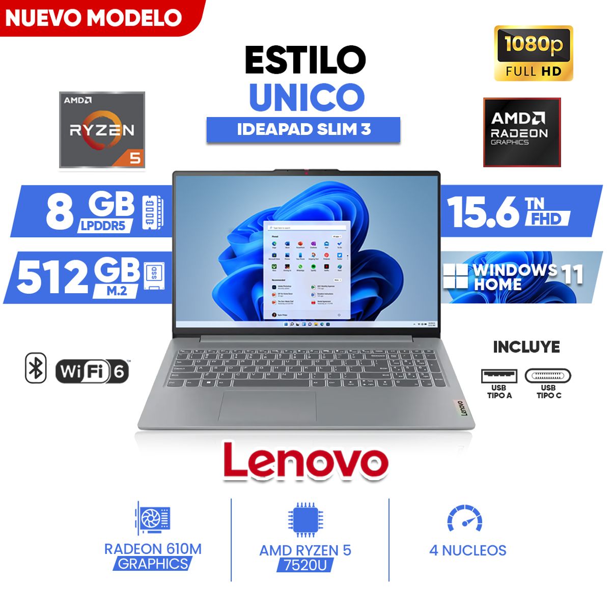 LENOVO - Laptop Lenovo IdeaPad Slim 3, AMD Ryzen 5 7520U, 8GB RAM, 512 GB SSD M.2, 15.6" FHD, WINDOWS 11