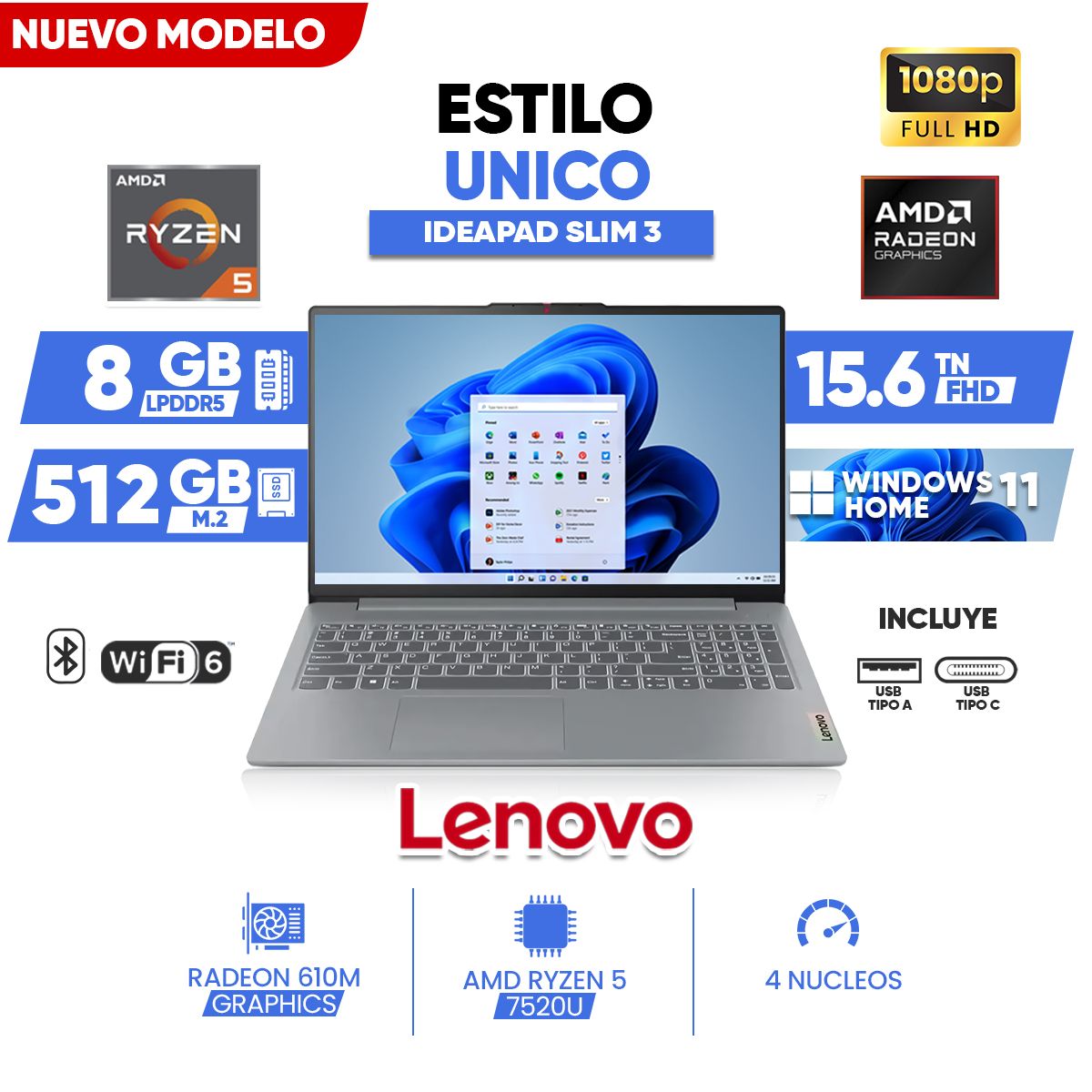 LENOVO - Laptop Lenovo IdeaPad Slim 3, AMD Ryzen 5 7520U, 8GB RAM, 512 GB SSD M.2, 15.6" FHD, WINDOWS 11