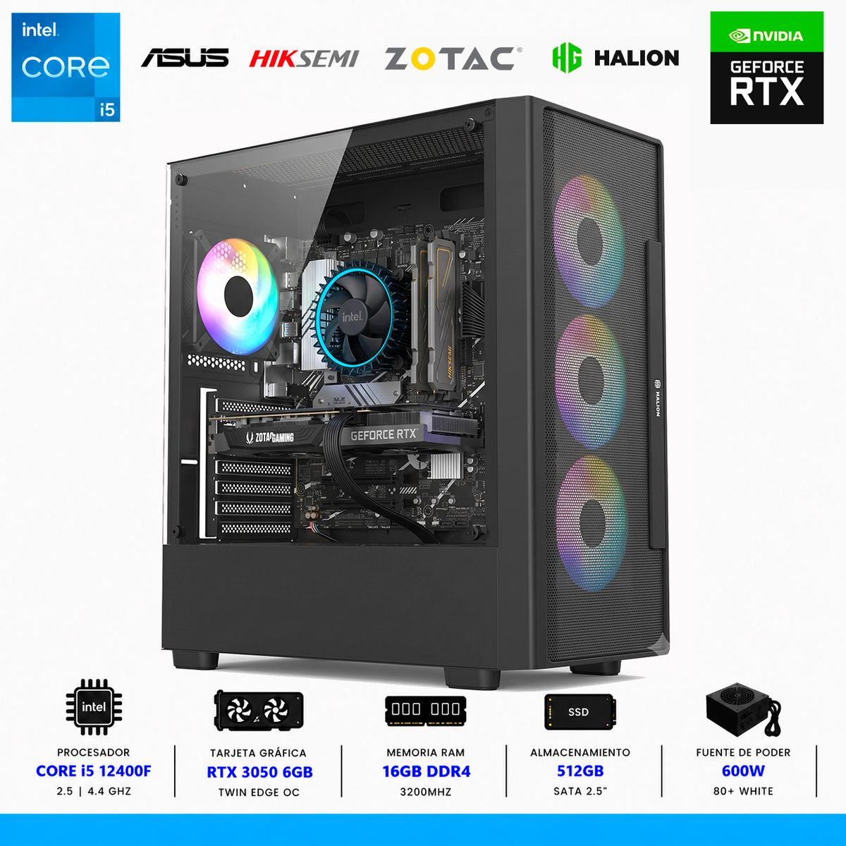 INTEL - PC GAMER INTEL CORE i5 12400F, 16GB (2X8GB), SSD 500GB, RTX 3050 6GB, CASE RGB, 500W..