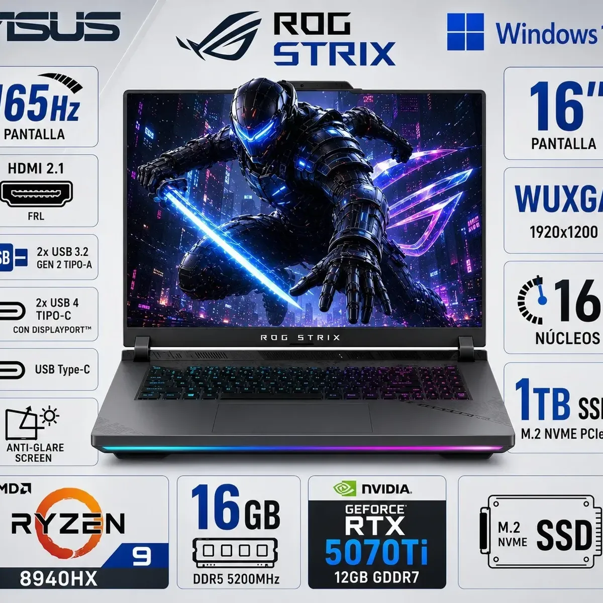ASUS - Laptop Asus Rog Strix G614PR-G16.R95070TI Ryzen 9 8940HX Ram 16GB 1TB RTX 5070 TI 12GB 16" WUXGA