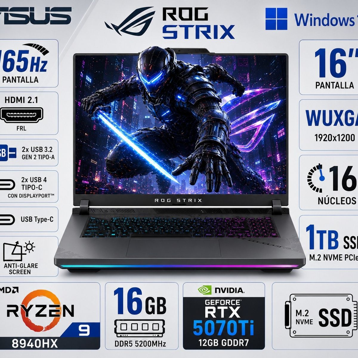 ASUS - Laptop Asus Rog Strix G614PR-G16.R95070TI Ryzen 9 8940HX Ram 16GB 1TB RTX 5070 TI 12GB 16" WUXGA