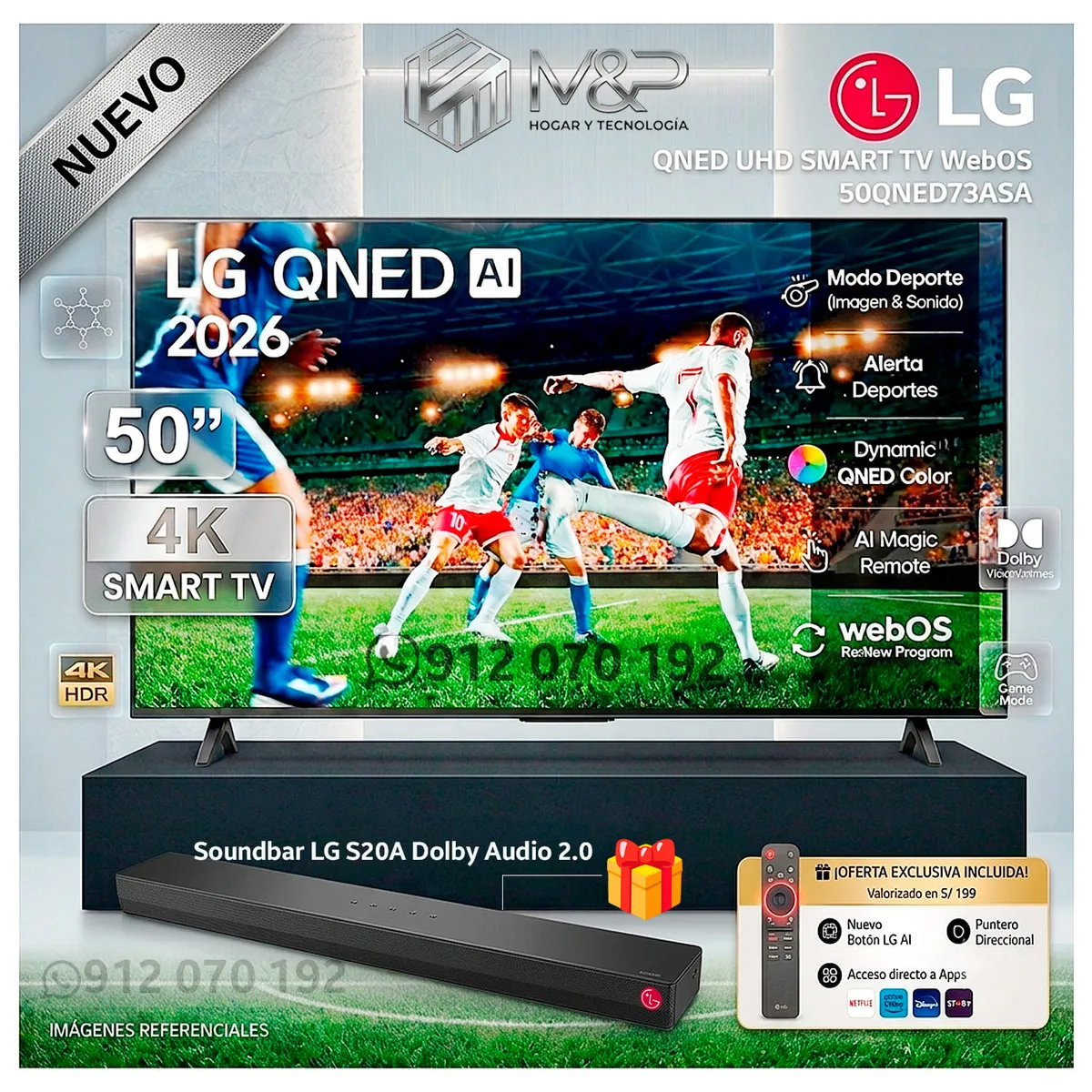 LG - Televisor LG 50 4K QNED ThinQ Ai Smart TV webOS 50QNED73ASA 2026 - Modelo nuevo + Soundbar LG S20A