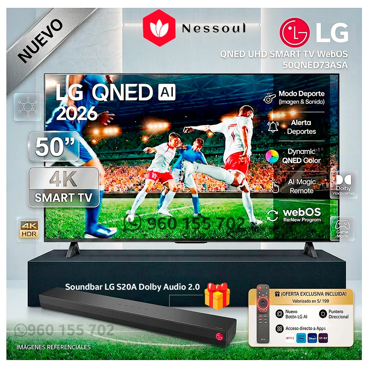LG - Televisor LG 50 4K QNED ThinQ Ai Smart TV webOS 50QNED73ASA 2026 - Modelo nuevo + REGALO