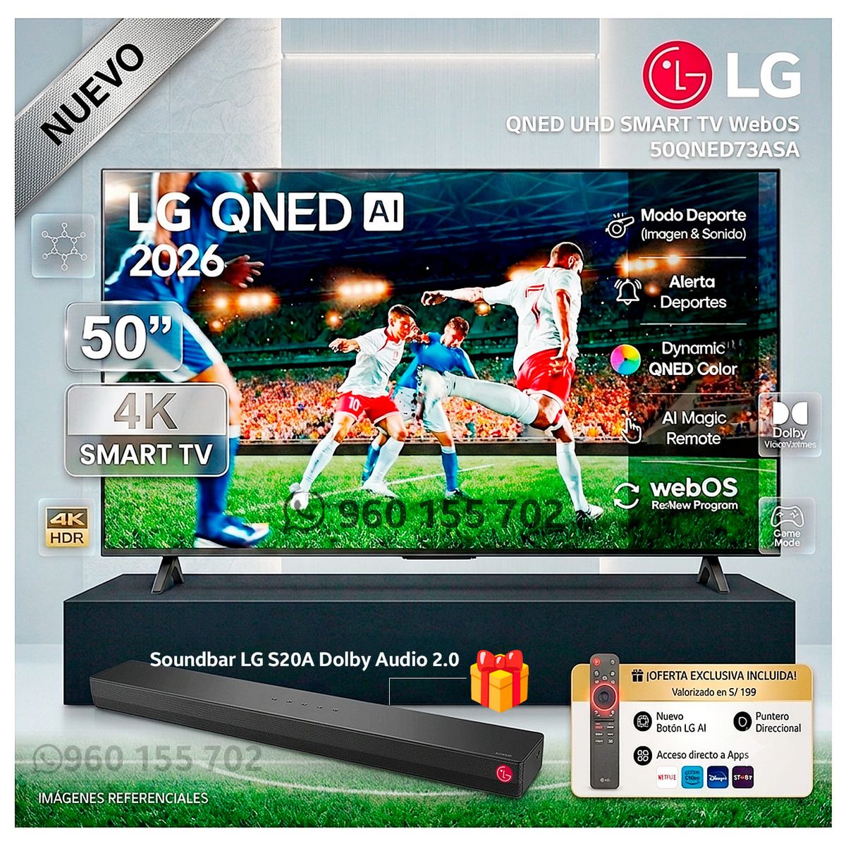LG - Televisor LG 50 4K QNED Smart TV ThinQ Ai webOS 50QNED73ASA 2026 - Modelo nuevo + REGALO