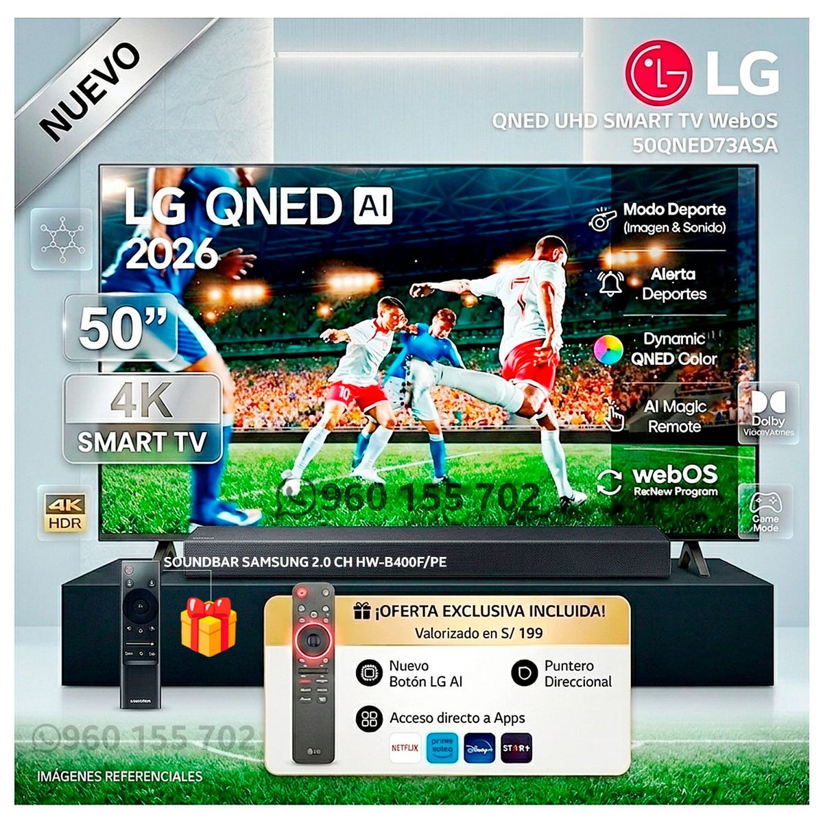 LG - Televisor LG 50 4K QNED ThinQ Ai Smart TV webOS 50QNED73ASA 2026 - Modelo nuevo + REGALO