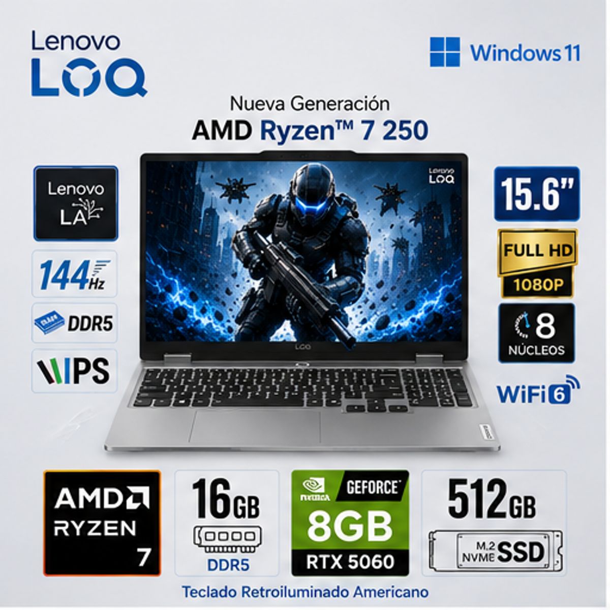 LENOVO - Laptop Lenovo LOQ 15AHP10 AMD Ryzen 7 250 16GB RAM 512GB SSD RTX 5060-8GB 15.6" FHD 144 83JG007PUS
