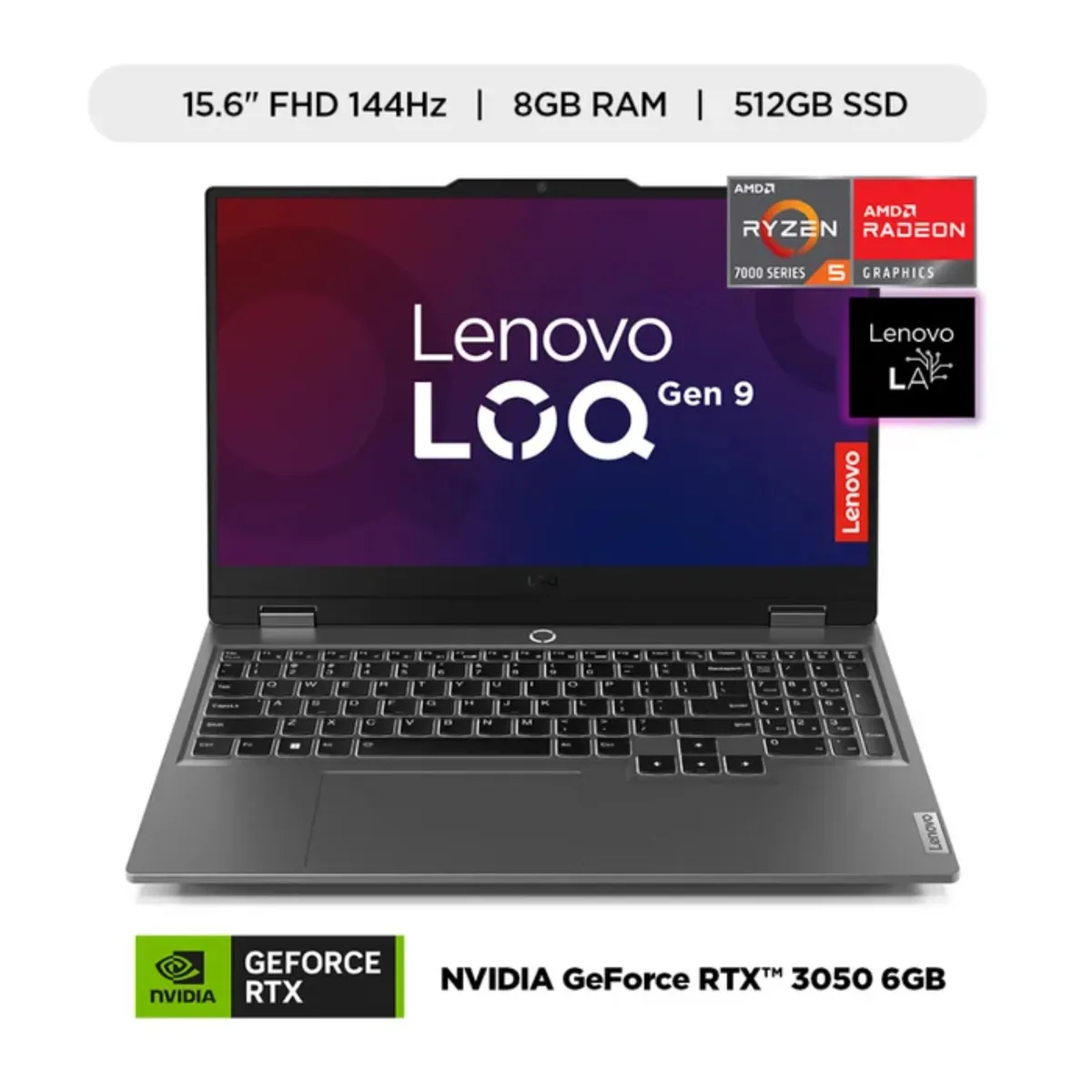 Laptop IA Lenovo LOQ 15.6" FHD 144Hz AMD Ryzen 5 512GB 8GB RTX 3050, marca LENOVO - Foto Principal