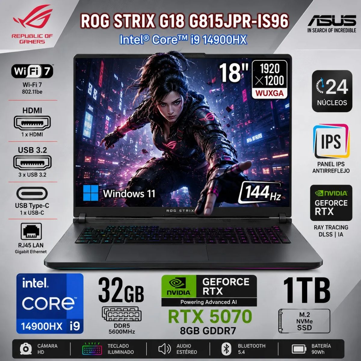 ASUS - Laptop Gamer ASUS ROG STRIX G18 18" WUXGA 144Hz  Core i9-14900HX RTX 5070 32GB RAM 1TB - G815JPR-IS96