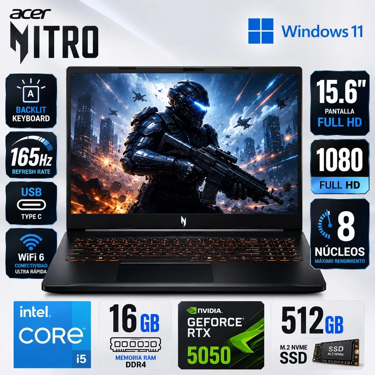 ACER - Laptop ACER NITRO ANV1552-57X GAMING INTEL CORE I5-13420H 512GB  16GB 15.6 FHD  RTX 5050