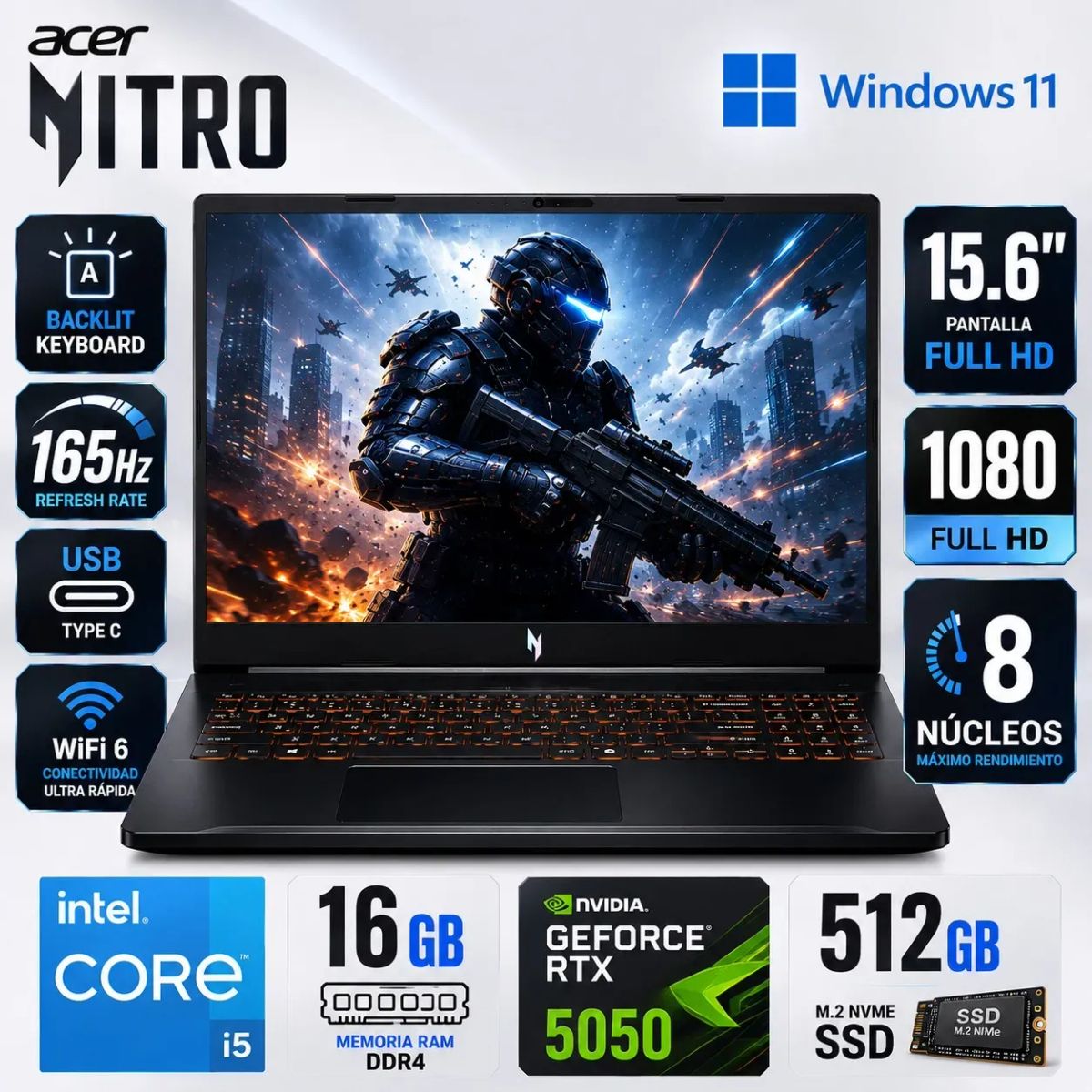 ACER - Laptop ACER NITRO ANV1552-57X GAMING INTEL CORE I5-13420H 512GB  16GB 15.6 FHD  RTX 5050