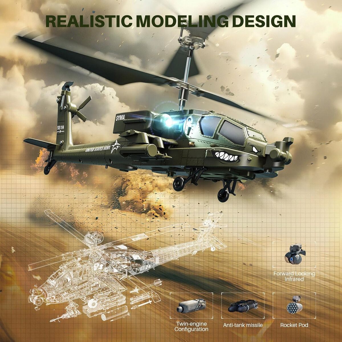 SYMA - Helicaptero RC SYMA S51H 2.4GHz Militar 22cm