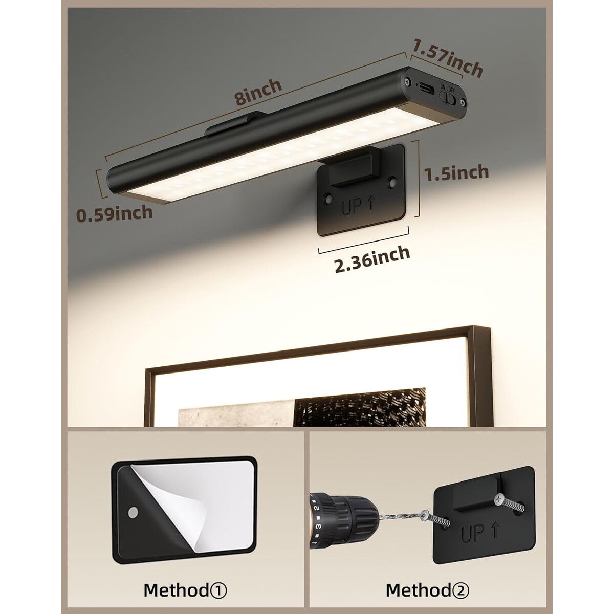 GENERICO - Luz para Cuadro EZVALO 8in LED 2400mAh 3 Modos Control Remoto Negra