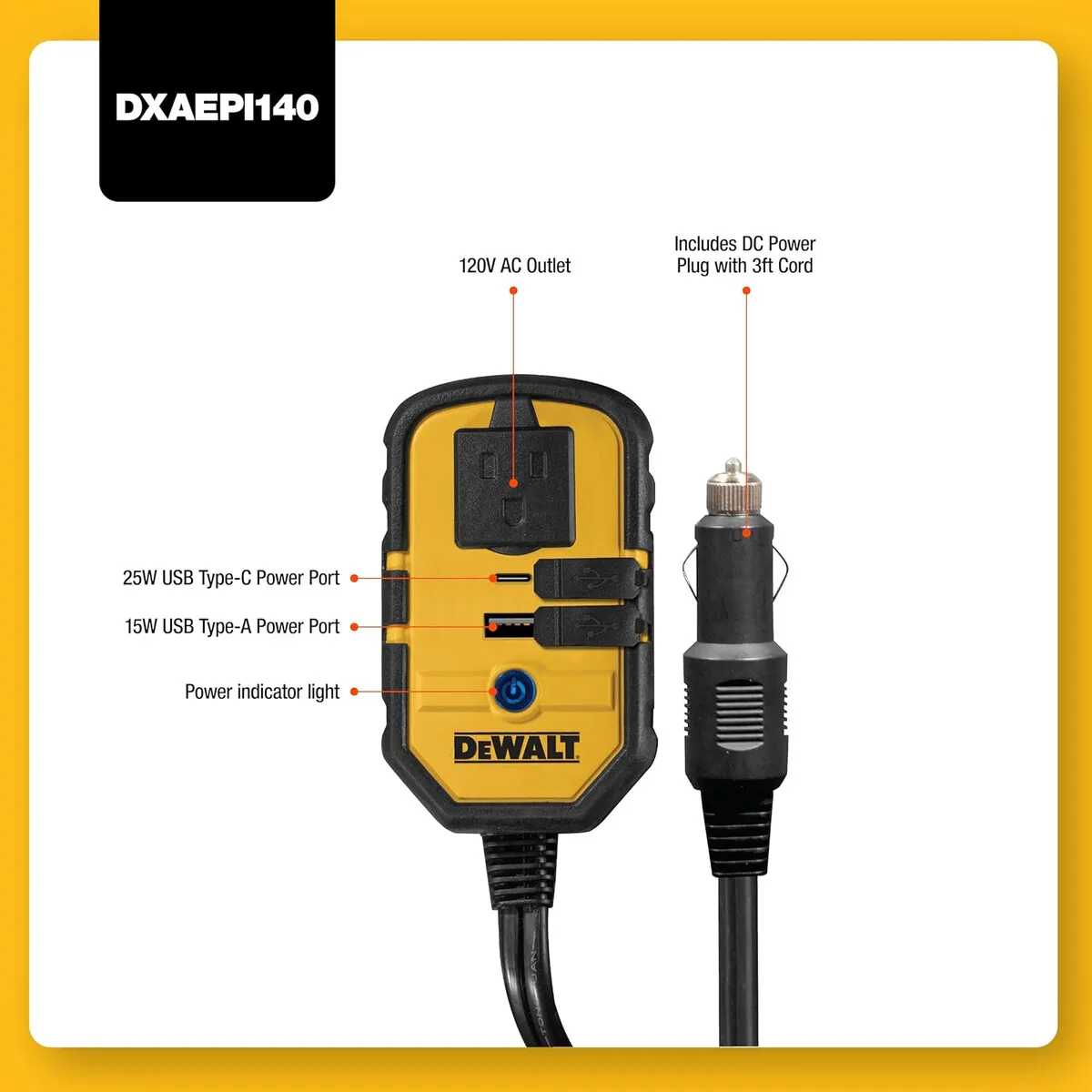 DEWALT - Inversor DEWALT DXAEPI140 140W 12V DC para Auto