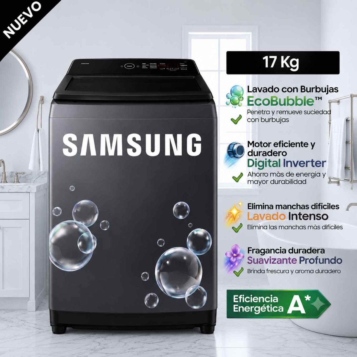 SAMSUNG - Lavadora Samsung 17Kg WA40F17E7CPE EcoBubble Gris Grafito