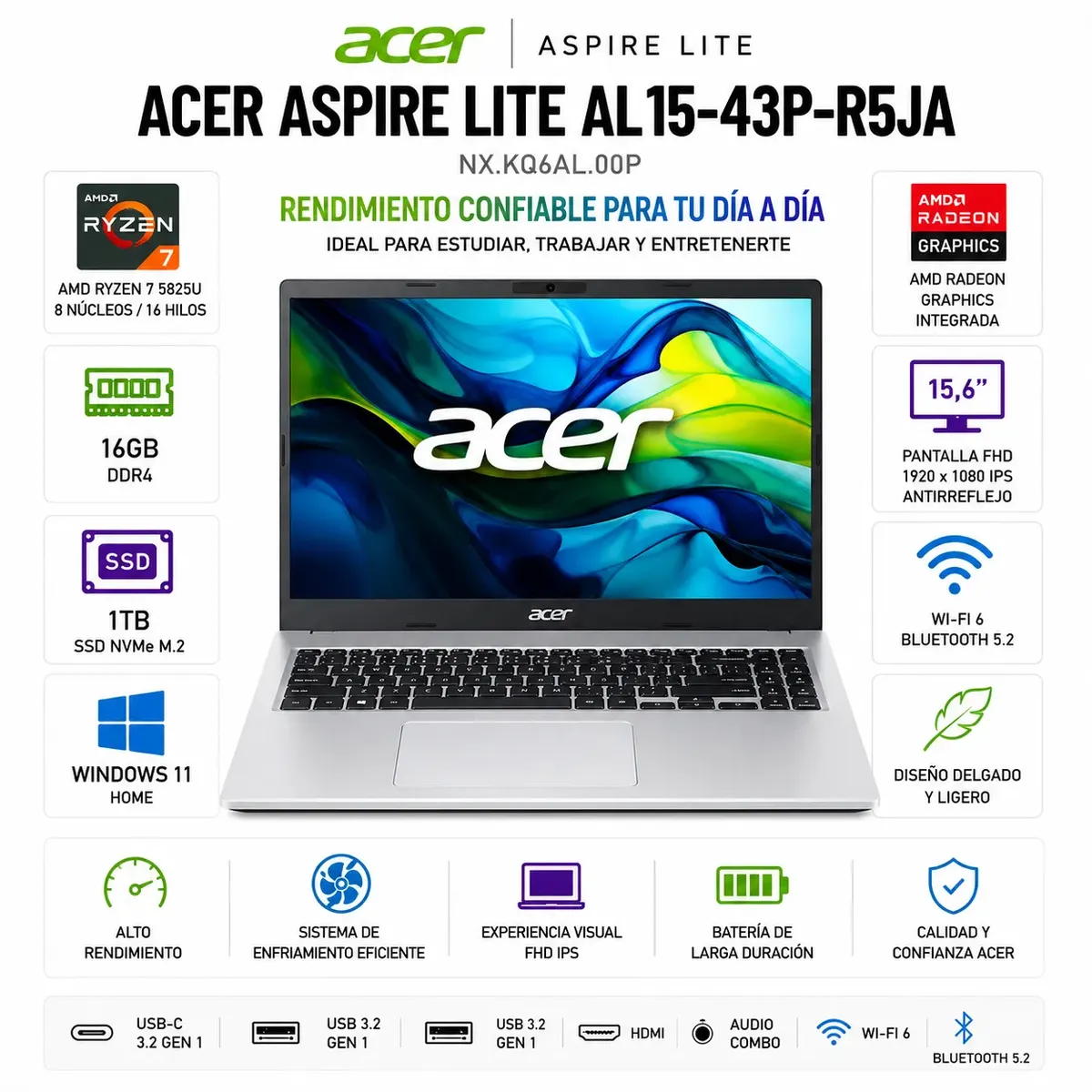 ACER - Laptop Acer Aspire Lite AL15-43P-R5JA AMD R7 5825U 16GB RAM 1TB 15.6 FHD W11H Light Silver