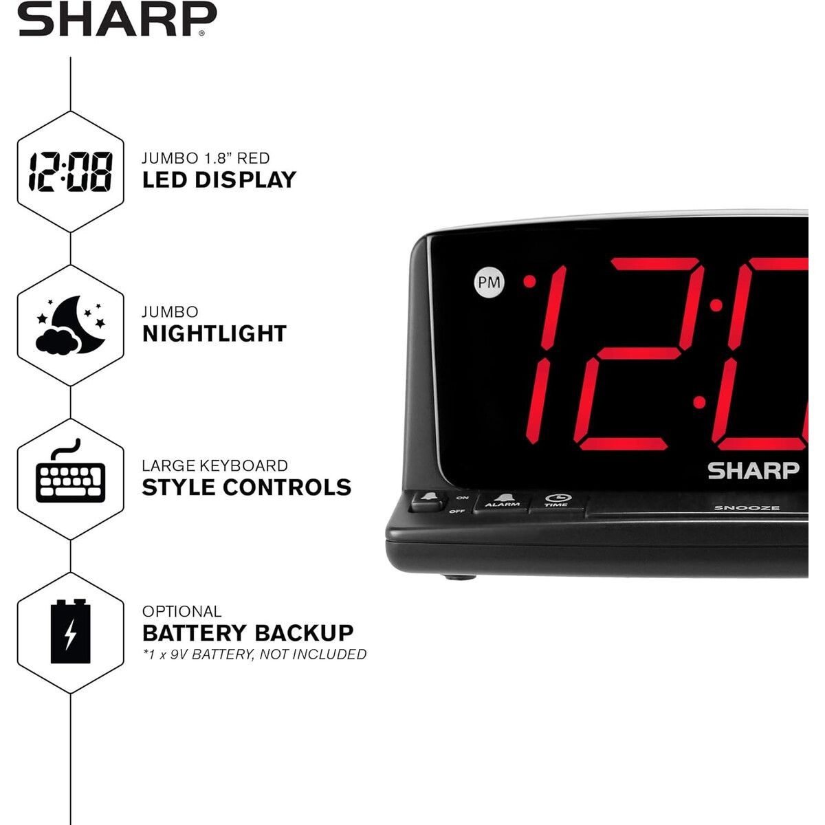 SHARP - Reloj Despertador Digital Sharp 1.8 LED Rojo Luz Noche