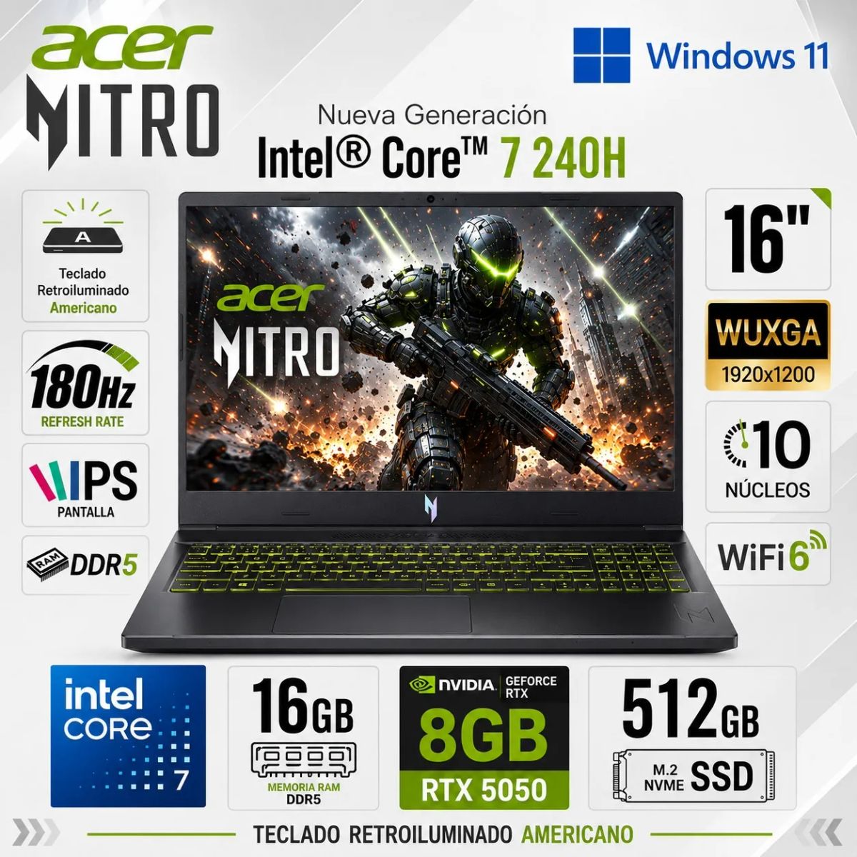 ACER - Laptop Acer Nitro V16 ANV16-72-789X Intel Core 7 240H 16GB RAM 512GB SSD RTX 5050-8GB 16" 180 Hz