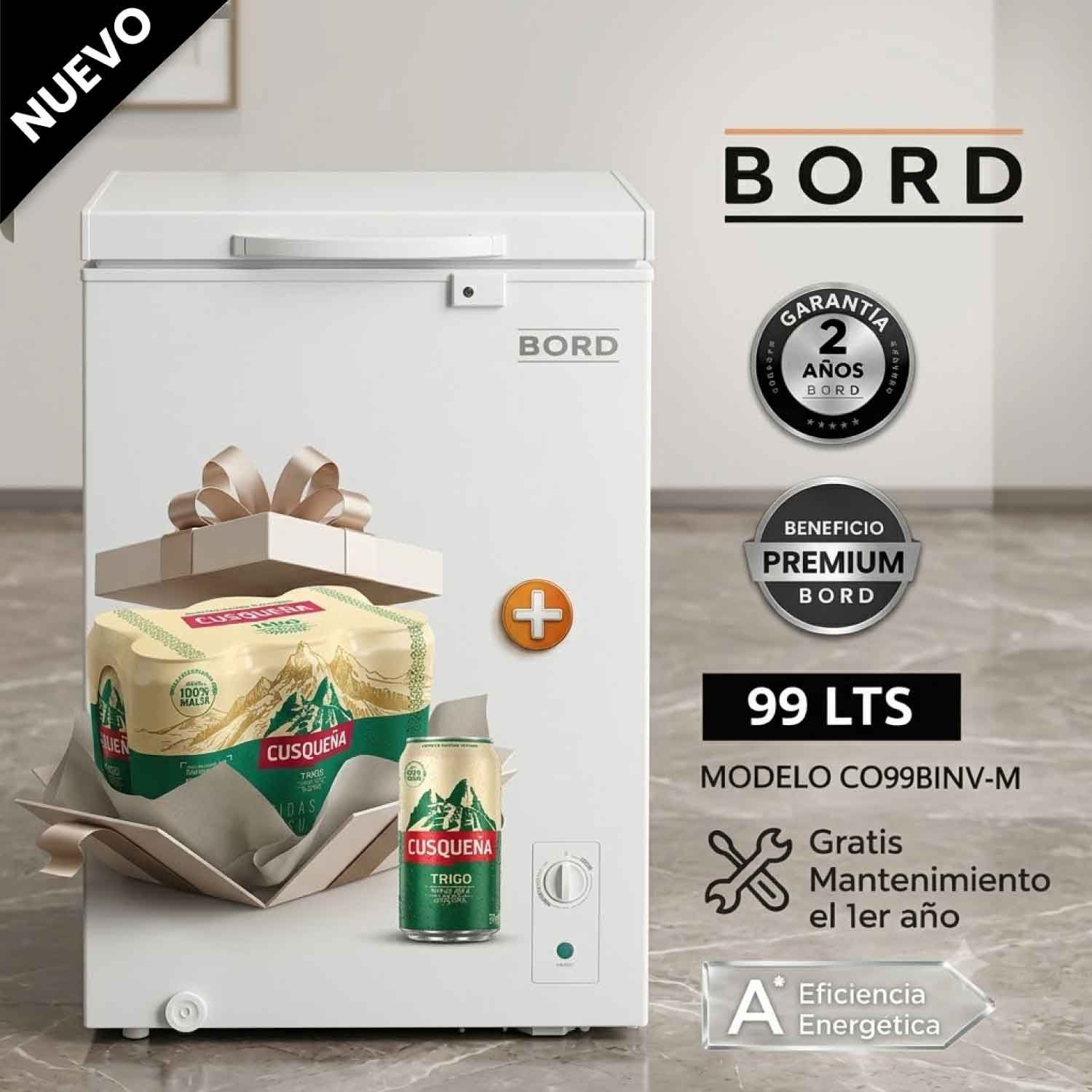 Congeladora Bord 99LT Chest Freezer CO99BINV-M + Sixpack Cusqueña Trigo
